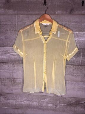 WD.NY 100% silk 90s Y2K Pale Yellow Sheer Short-Sleeve Button Down Shirt